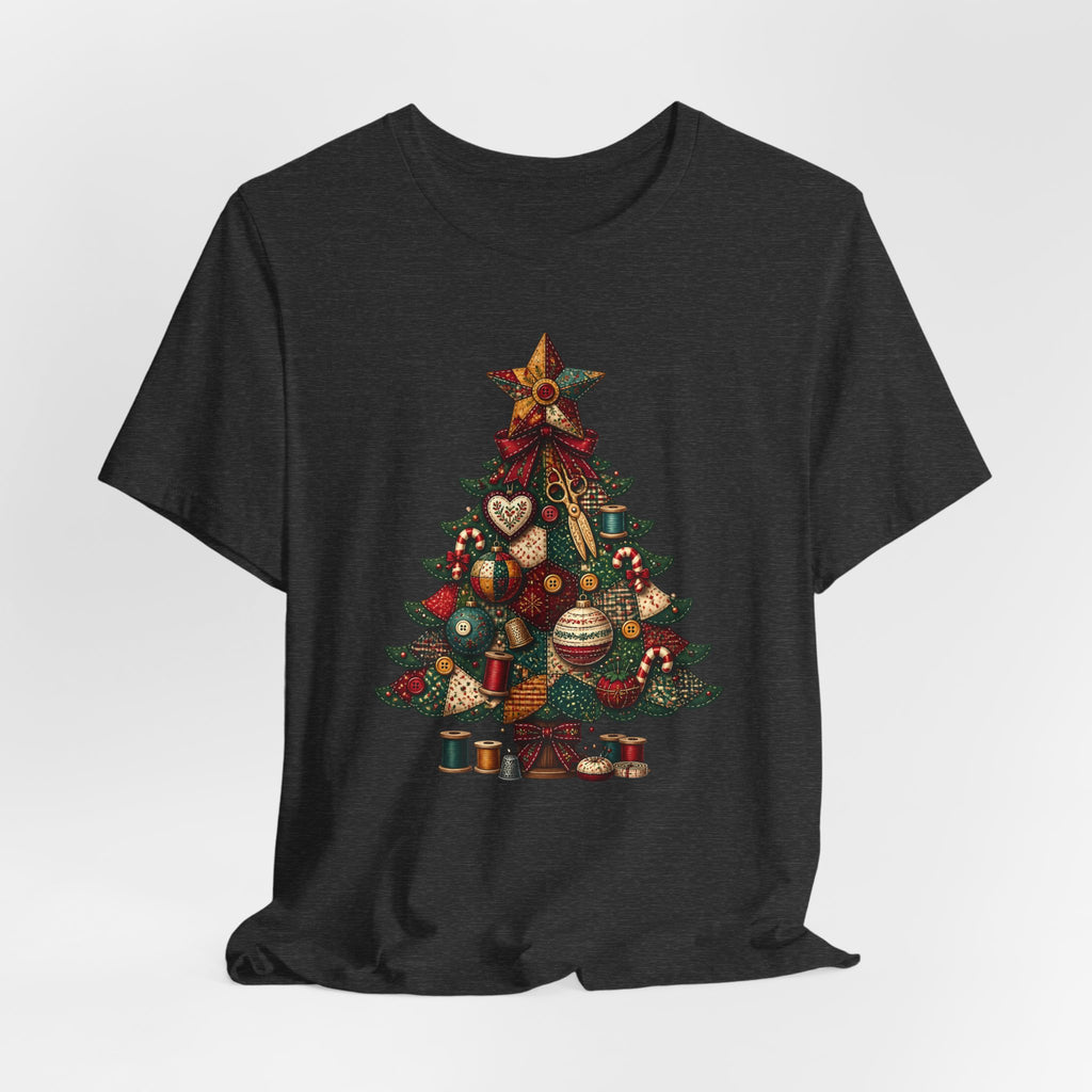 Patchwork Christmas Tree T-Shirt, Vintage Folk Art Quilted Holiday Tee for Quilters, Sewing Lovers & Crafters, Unisex Xmas Shirt