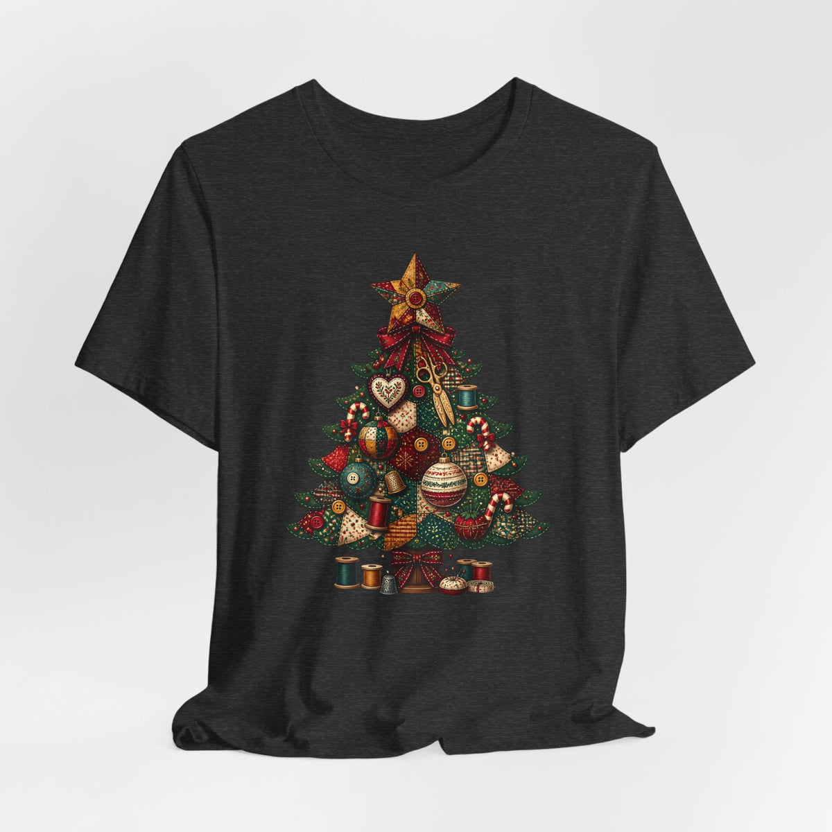 Patchwork Christmas Tree T-Shirt, Vintage Folk Art Quilted Holiday Tee for Quilters, Sewing Lovers & Crafters, Unisex Xmas Shirt