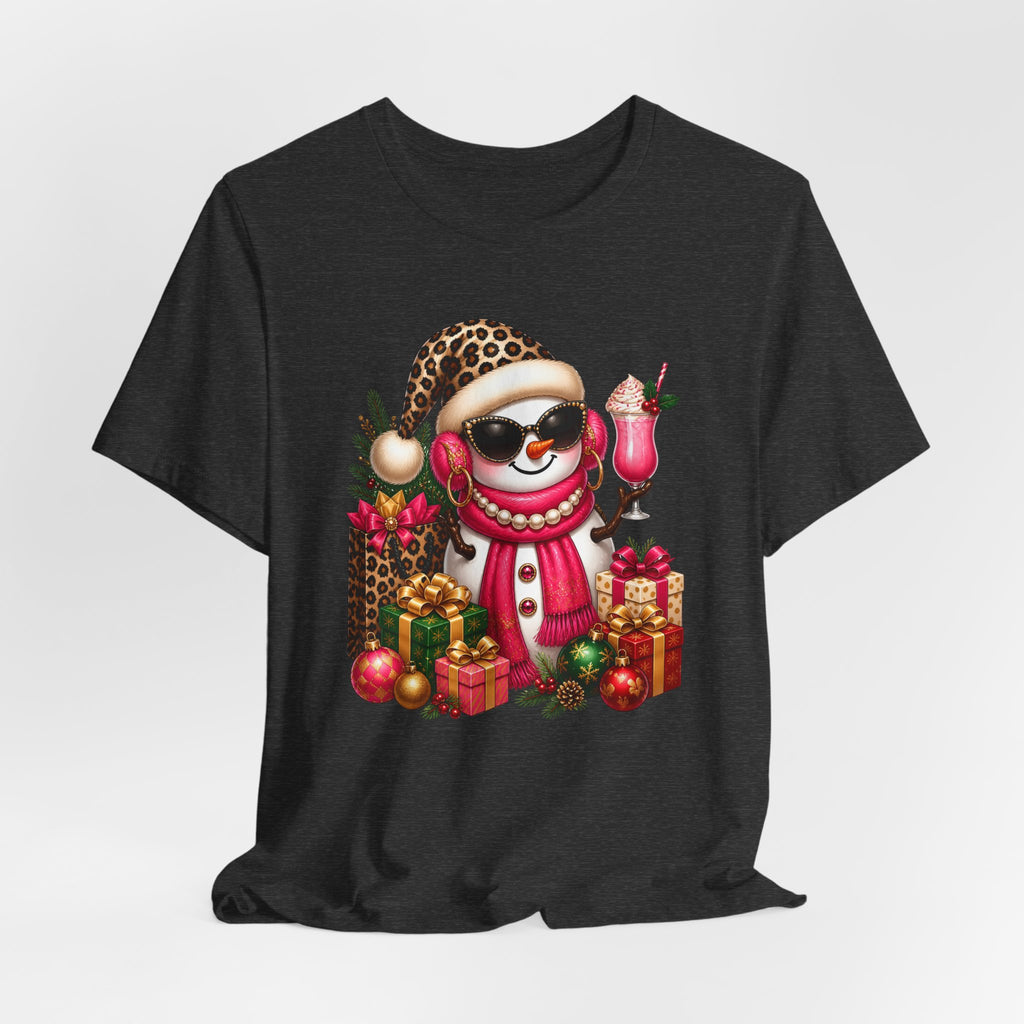 Glam Snowman Christmas T-Shirt, Leopard Print Santa Hat Snowman Tee with Pink Scarf & Sunglasses, Cute Trendy Holiday Shirt for Women