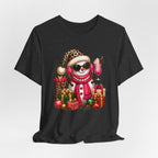 Glam Snowman Christmas T-Shirt, Leopard Print Santa Hat Snowman Tee with Pink Scarf & Sunglasses, Cute Trendy Holiday Shirt for Women