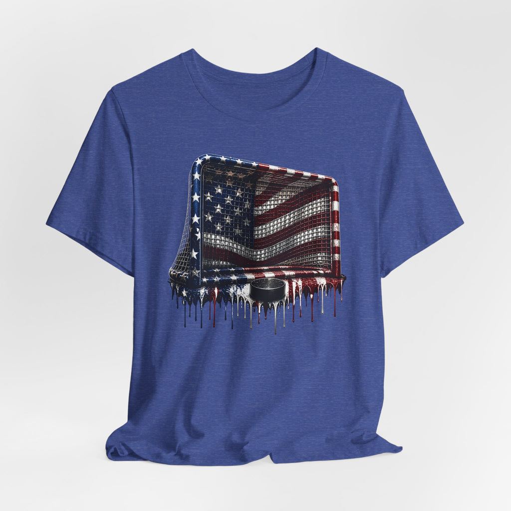 American Flag Hockey T-Shirt, Patriotic Paint Drip Hockey Goal Tee, USA Hockey Shirt for Men and Women, 4th of July Hockey Gift