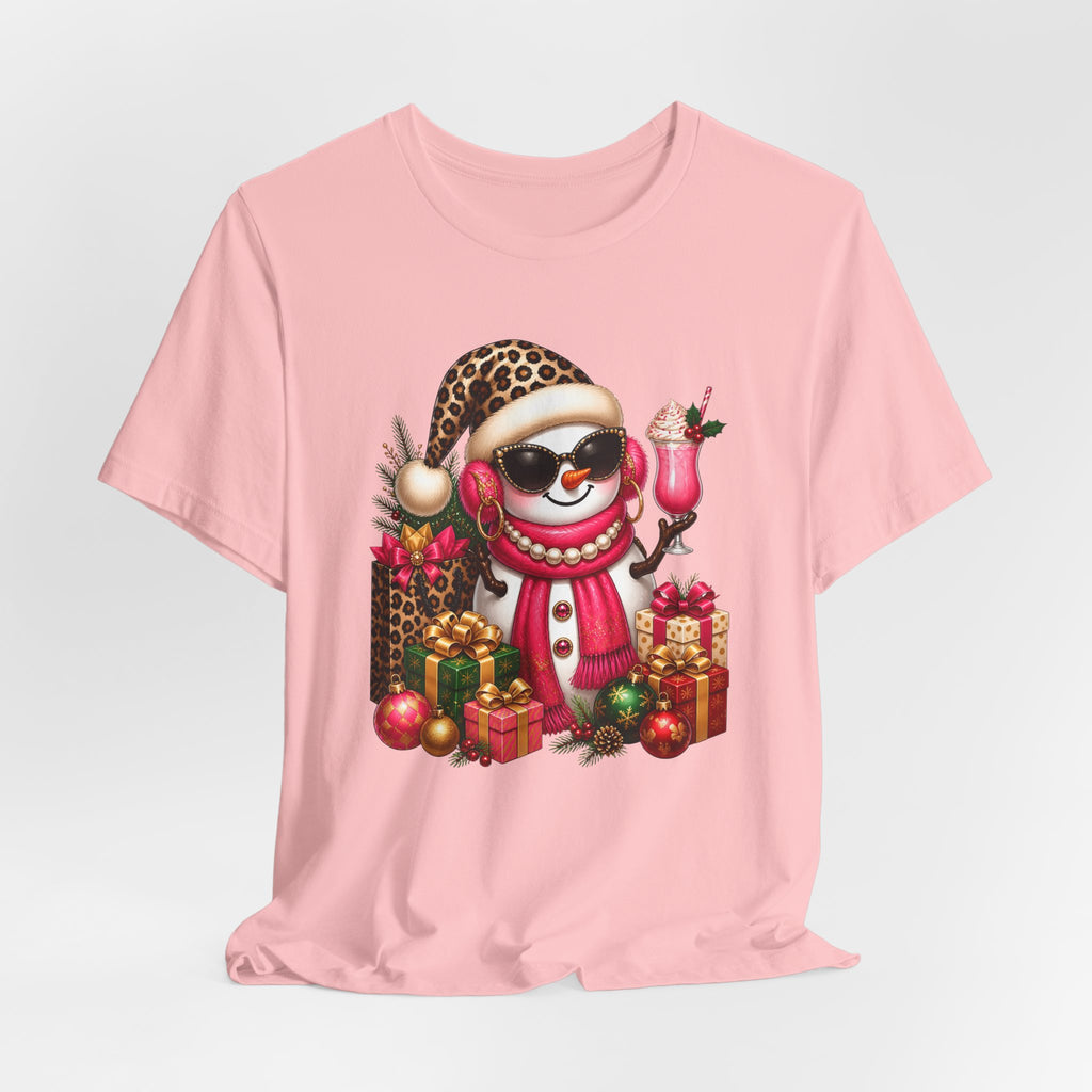 Glam Snowman Christmas T-Shirt, Leopard Print Santa Hat Snowman Tee with Pink Scarf & Sunglasses, Cute Trendy Holiday Shirt for Women