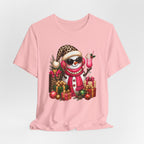 Glam Snowman Christmas T-Shirt, Leopard Print Santa Hat Snowman Tee with Pink Scarf & Sunglasses, Cute Trendy Holiday Shirt for Women