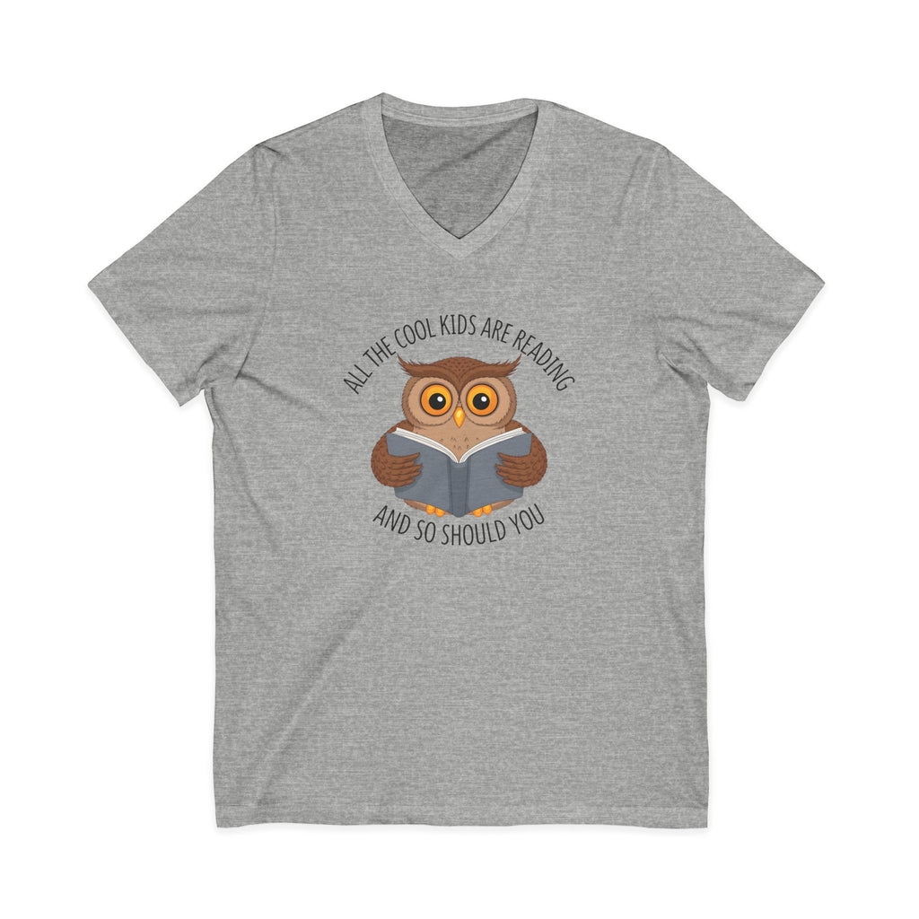 All The Cool Kids Are Reading V-Neck T-Shirt | Cute Owl Book Lover Graphic Tee