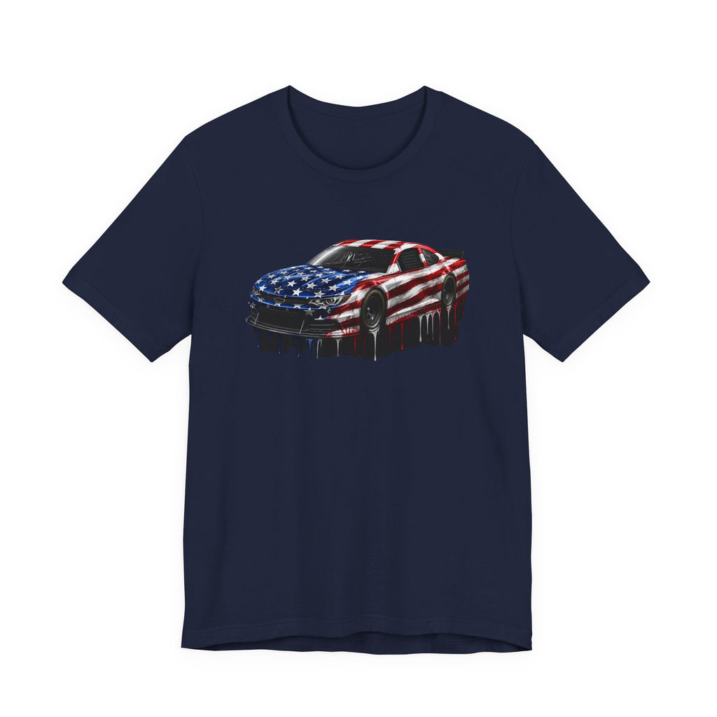 American Flag Race Car T-Shirt, Patriotic Paint Drip Racing Tee, USA Stock Car Shirt for Men and Women, 4th of July Racing Gift
