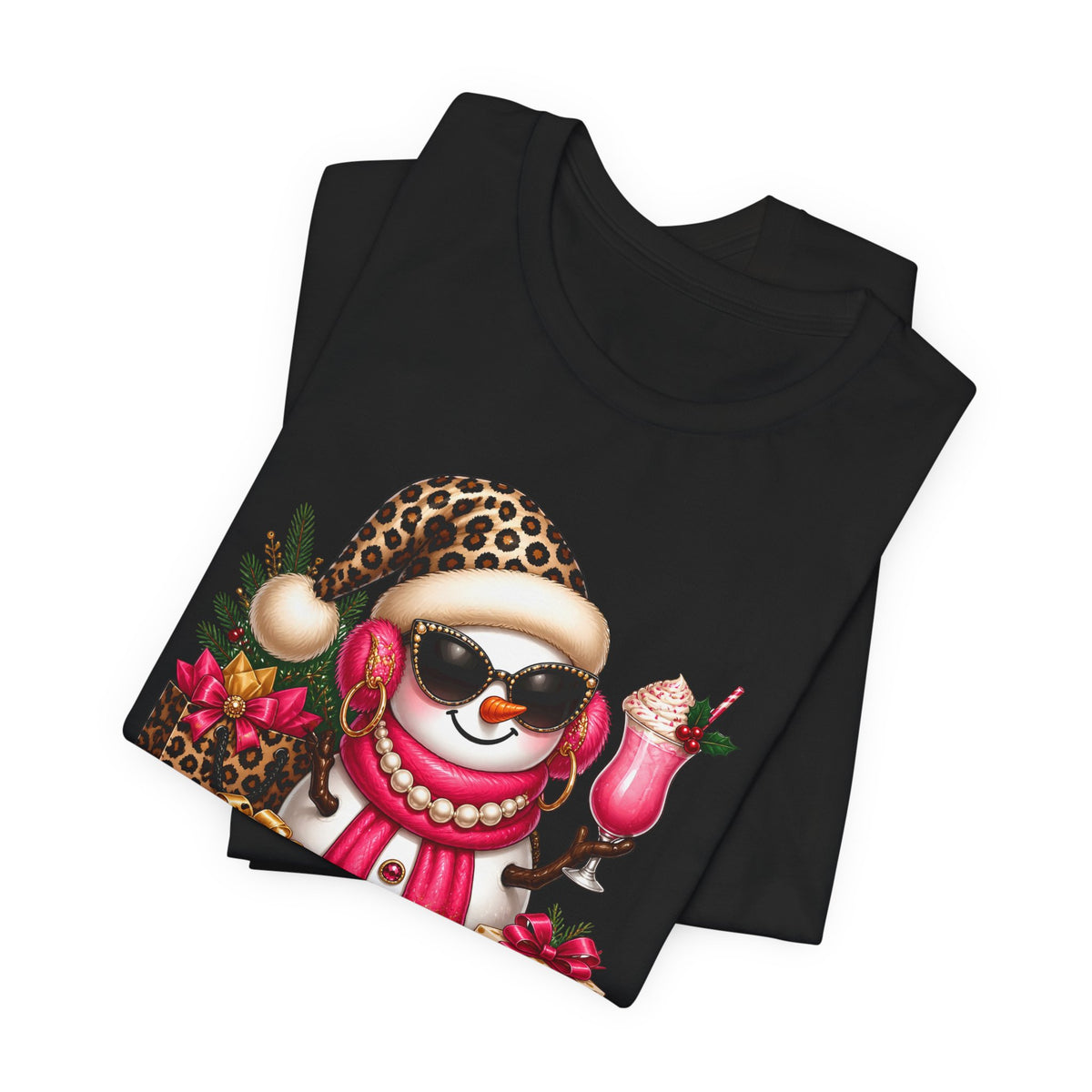 Glam Snowman Christmas T-Shirt, Leopard Print Santa Hat Snowman Tee with Pink Scarf & Sunglasses, Cute Trendy Holiday Shirt for Women