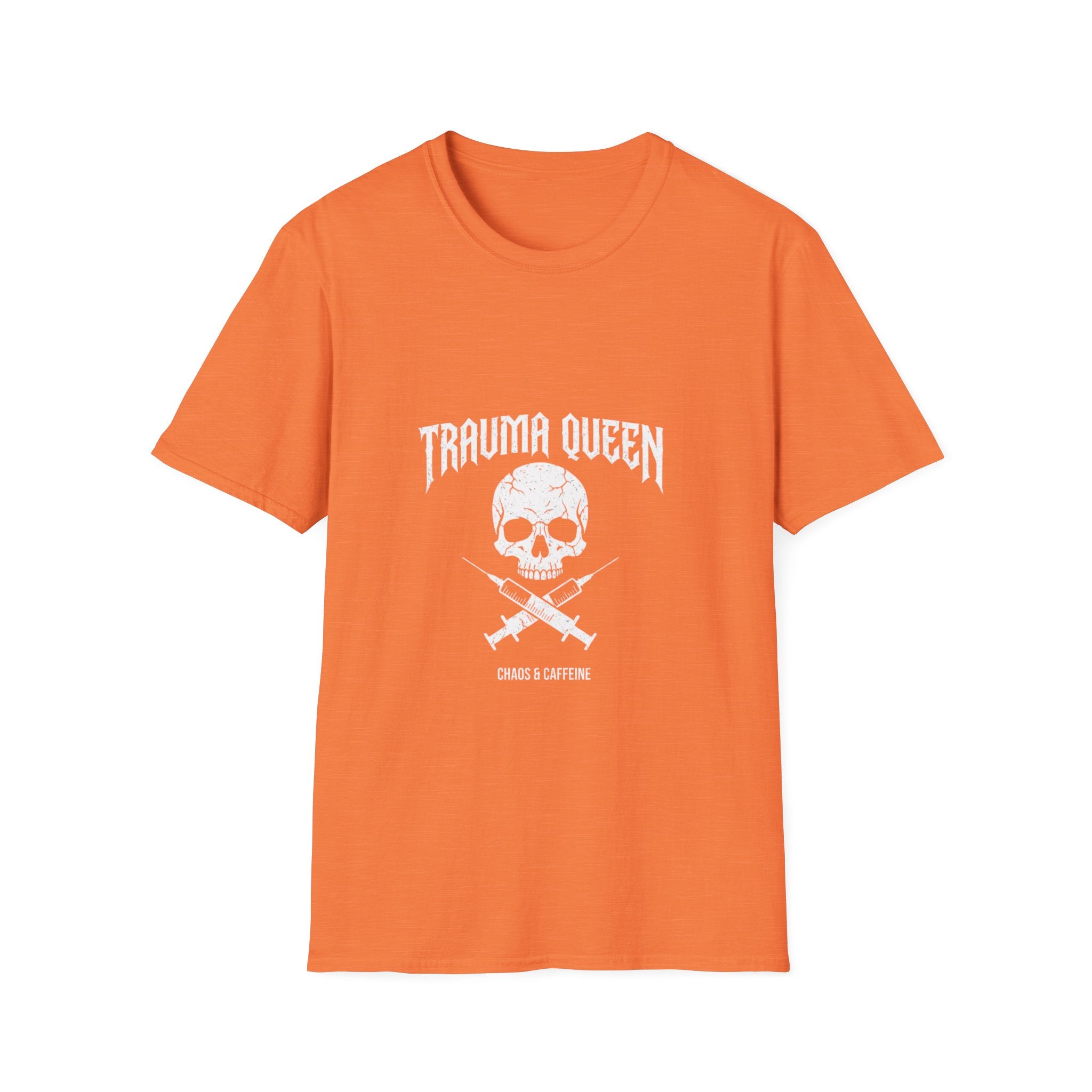 Trauma Queen T-Shirt - Funny ER Nurse Emergency Room RN Gift - Edgy Rock Style Nursing Tee - Skull Crossbones