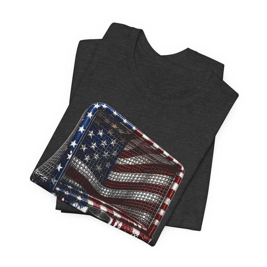 American Flag Hockey T-Shirt, Patriotic Paint Drip Hockey Goal Tee, USA Hockey Shirt for Men and Women, 4th of July Hockey Gift