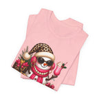 Glam Snowman Christmas T-Shirt, Leopard Print Santa Hat Snowman Tee with Pink Scarf & Sunglasses, Cute Trendy Holiday Shirt for Women