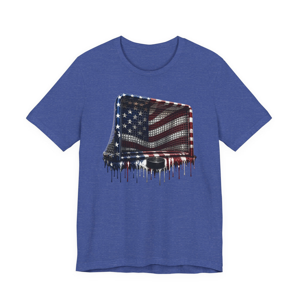 American Flag Hockey T-Shirt, Patriotic Paint Drip Hockey Goal Tee, USA Hockey Shirt for Men and Women, 4th of July Hockey Gift