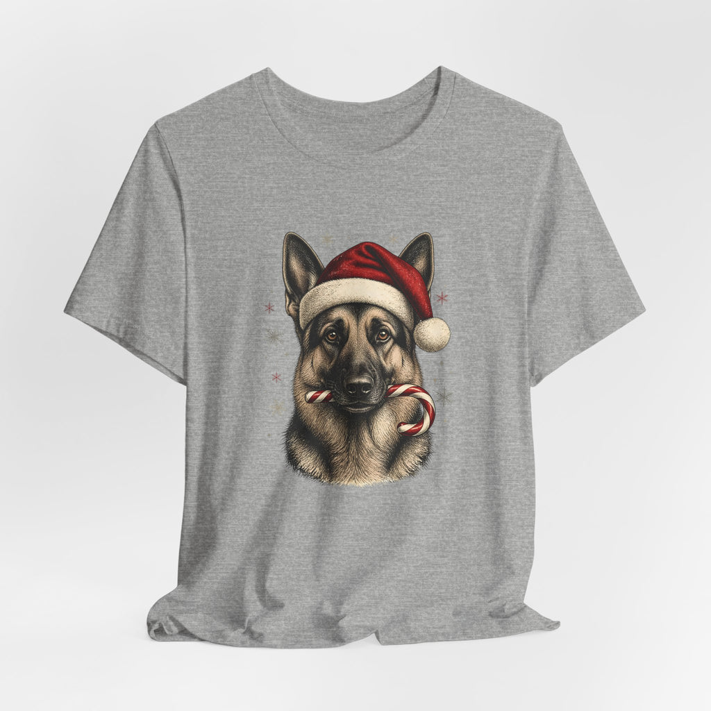 German Shepherd Christmas T-Shirt, Vintage Santa Hat Dog with Candy Cane Tee, Engraved Style German Shepherd Holiday Gift Shirt