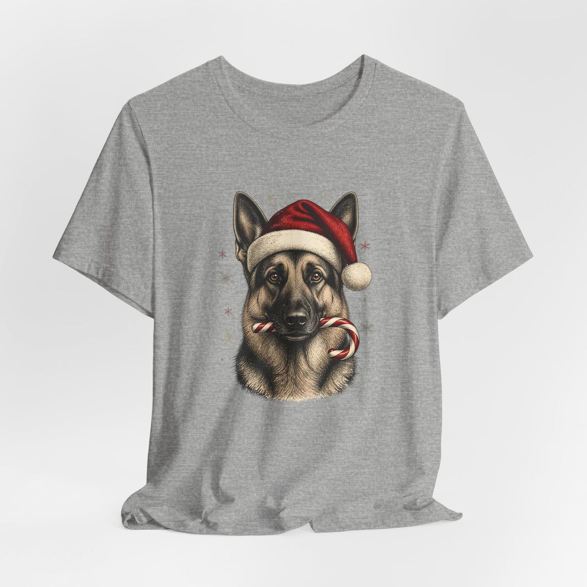 German Shepherd Christmas T-Shirt, Vintage Santa Hat Dog with Candy Cane Tee, Engraved Style German Shepherd Holiday Gift Shirt