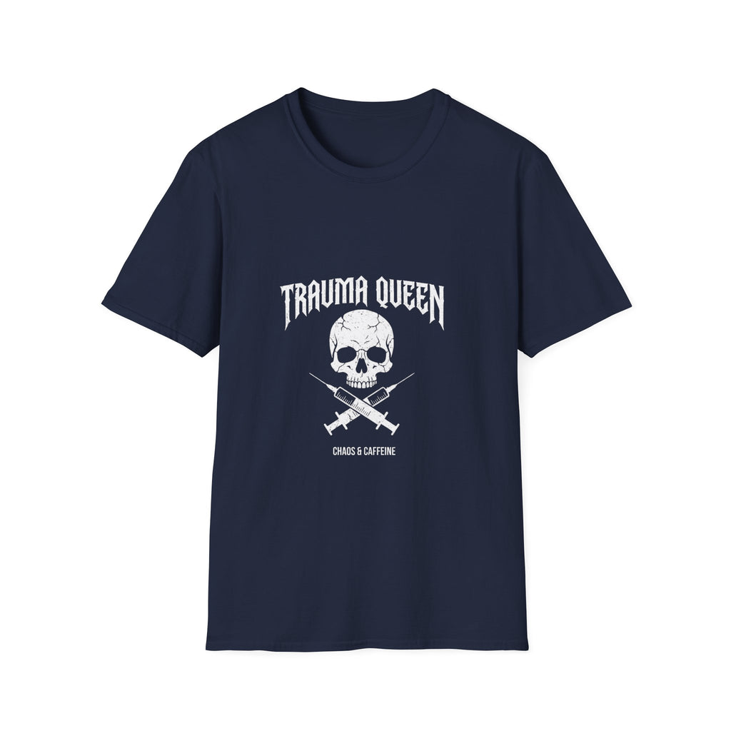 Trauma Queen T-Shirt - Funny ER Nurse Emergency Room RN Gift - Edgy Rock Style Nursing Tee - Skull Crossbones