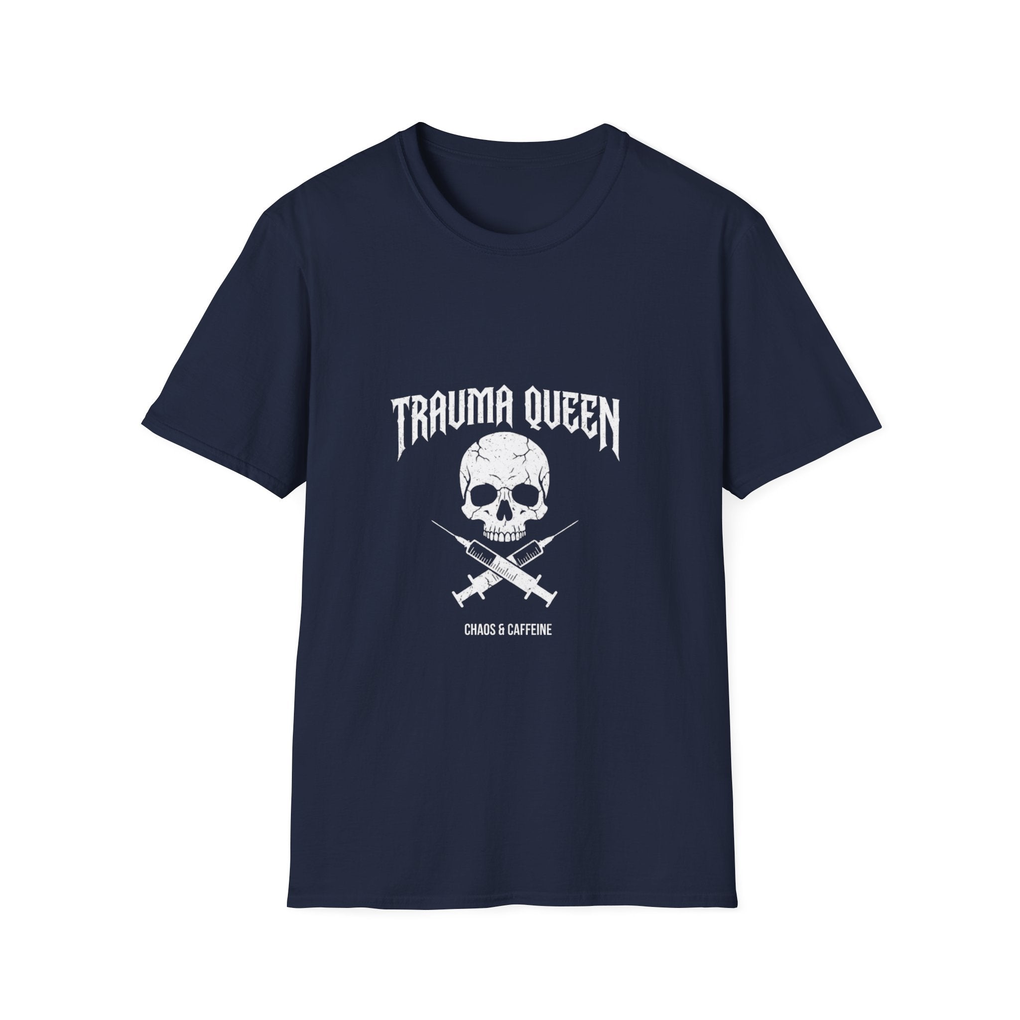 Trauma Queen T-Shirt - Funny ER Nurse Emergency Room RN Gift - Edgy Rock Style Nursing Tee - Skull Crossbones
