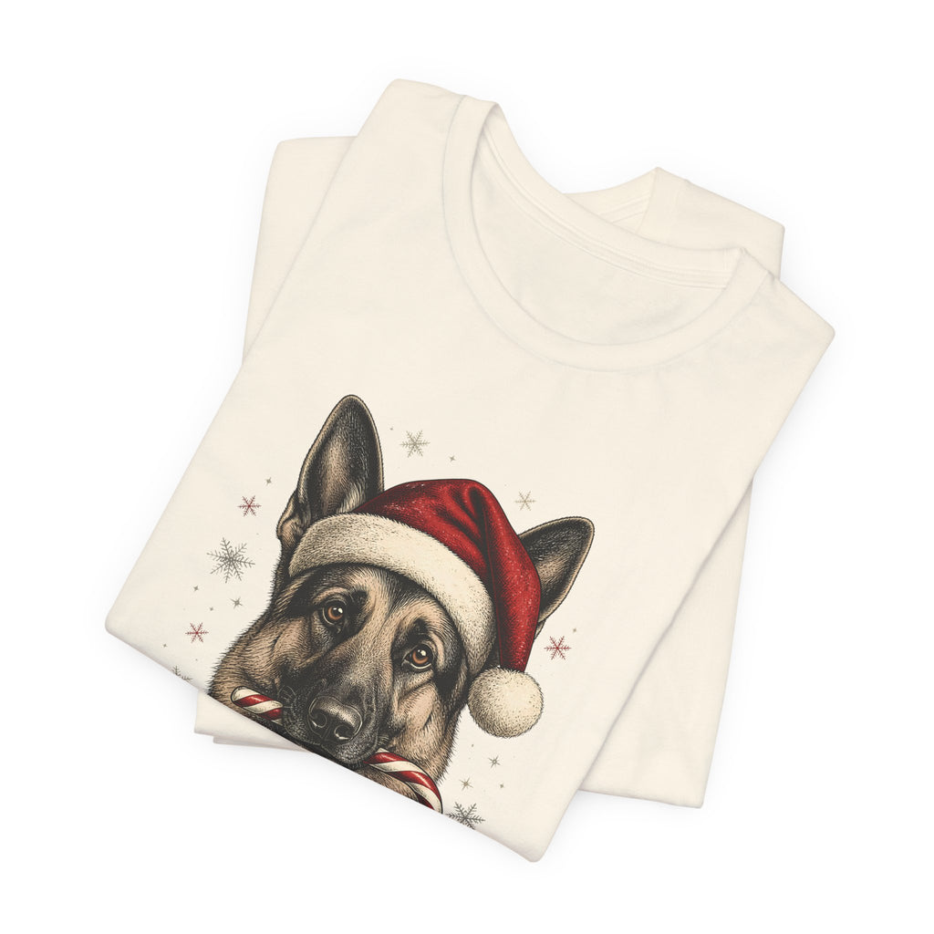German Shepherd Christmas T-Shirt, Vintage Santa Hat Dog with Candy Cane Tee, Engraved Style German Shepherd Holiday Gift Shirt