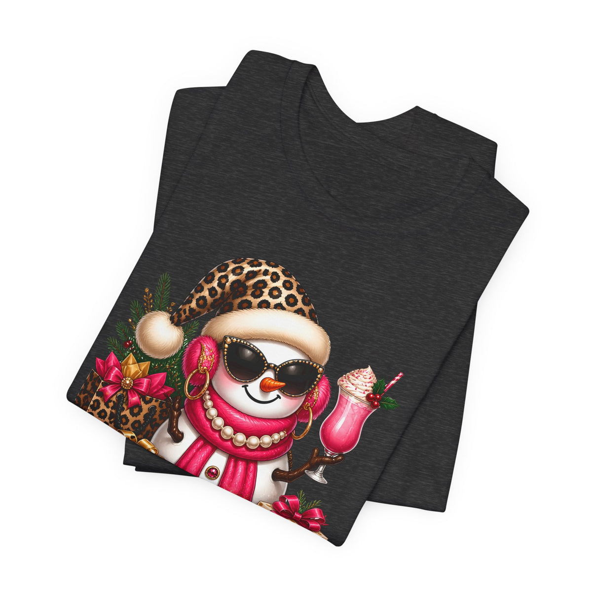 Glam Snowman Christmas T-Shirt, Leopard Print Santa Hat Snowman Tee with Pink Scarf & Sunglasses, Cute Trendy Holiday Shirt for Women