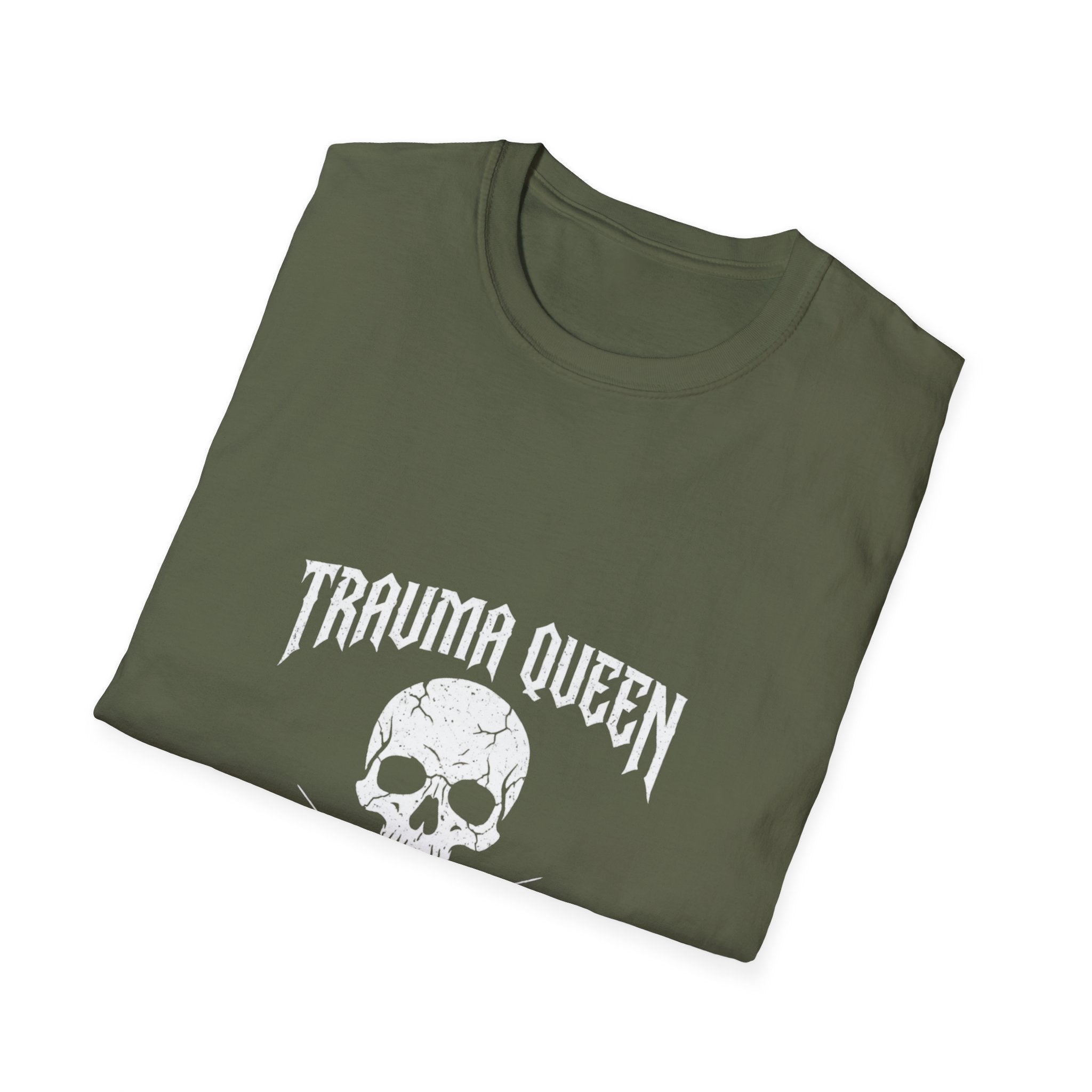Trauma Queen T-Shirt - Funny ER Nurse Emergency Room RN Gift - Edgy Rock Style Nursing Tee - Skull Crossbones