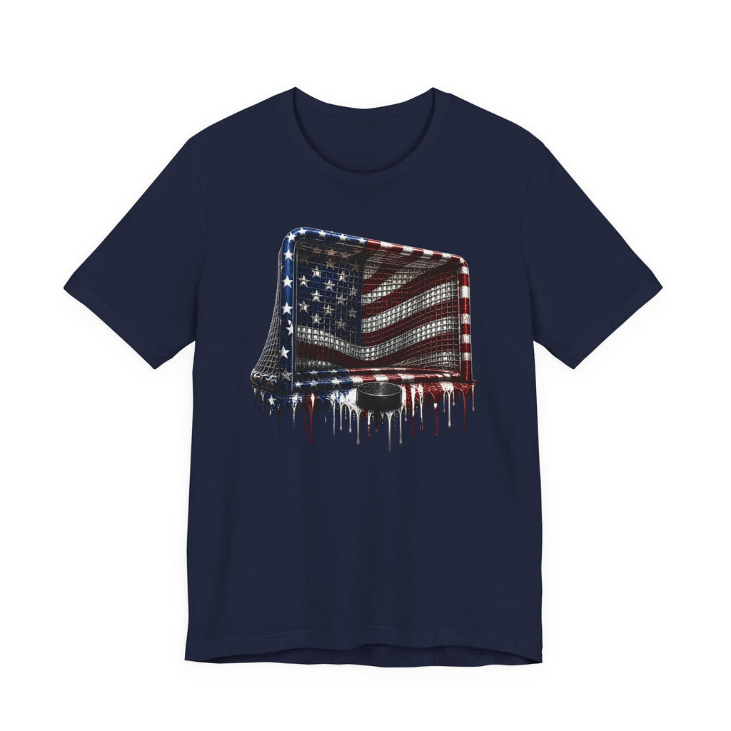 American Flag Hockey T-Shirt, Patriotic Paint Drip Hockey Goal Tee, USA Hockey Shirt for Men and Women, 4th of July Hockey Gift