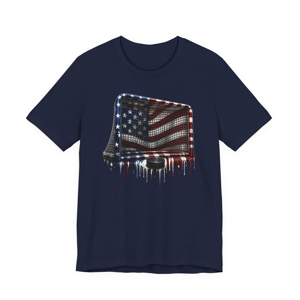 American Flag Hockey T-Shirt, Patriotic Paint Drip Hockey Goal Tee, USA Hockey Shirt for Men and Women, 4th of July Hockey Gift