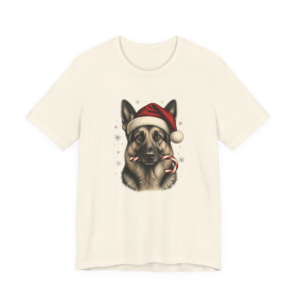 German Shepherd Christmas T-Shirt, Vintage Santa Hat Dog with Candy Cane Tee, Engraved Style German Shepherd Holiday Gift Shirt