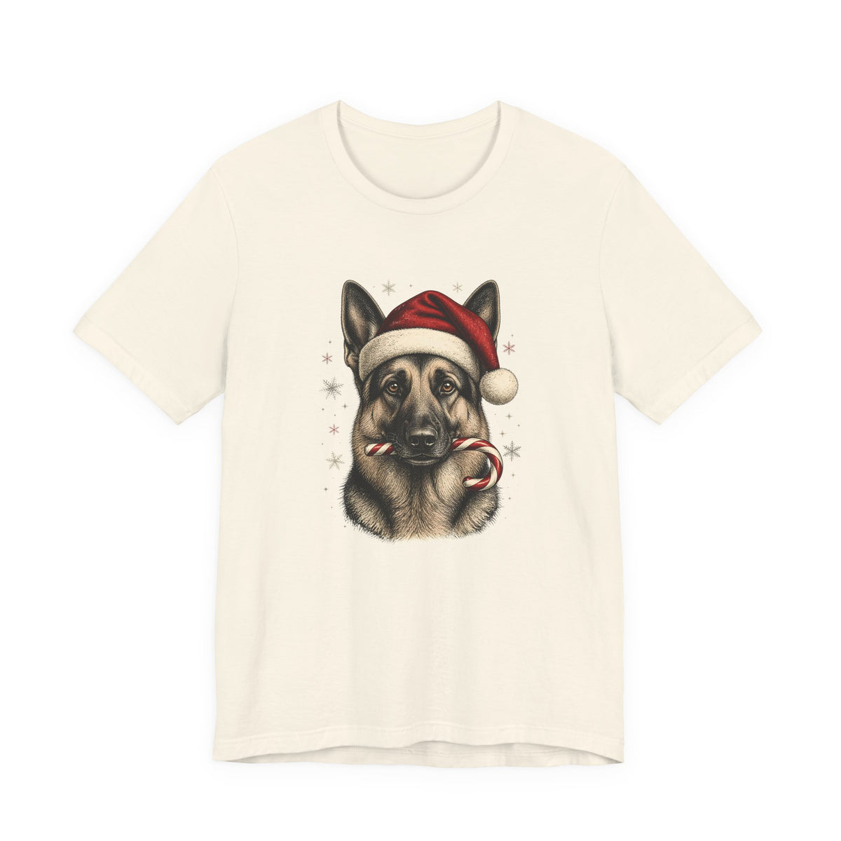 German Shepherd Christmas T-Shirt, Vintage Santa Hat Dog with Candy Cane Tee, Engraved Style German Shepherd Holiday Gift Shirt