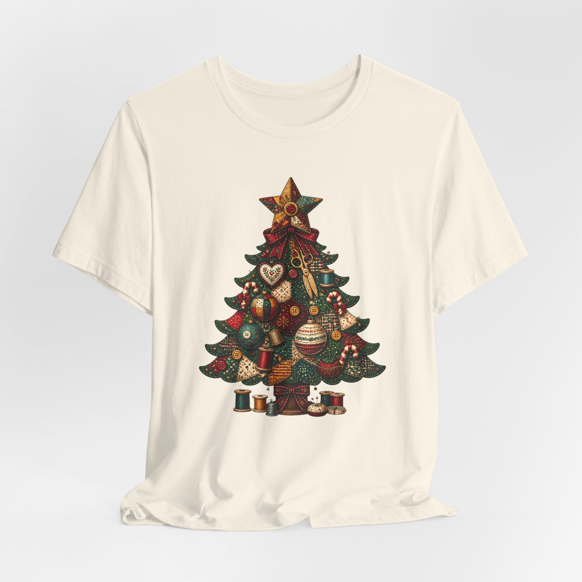 Patchwork Christmas Tree T-Shirt, Vintage Folk Art Quilted Holiday Tee for Quilters, Sewing Lovers & Crafters, Unisex Xmas Shirt