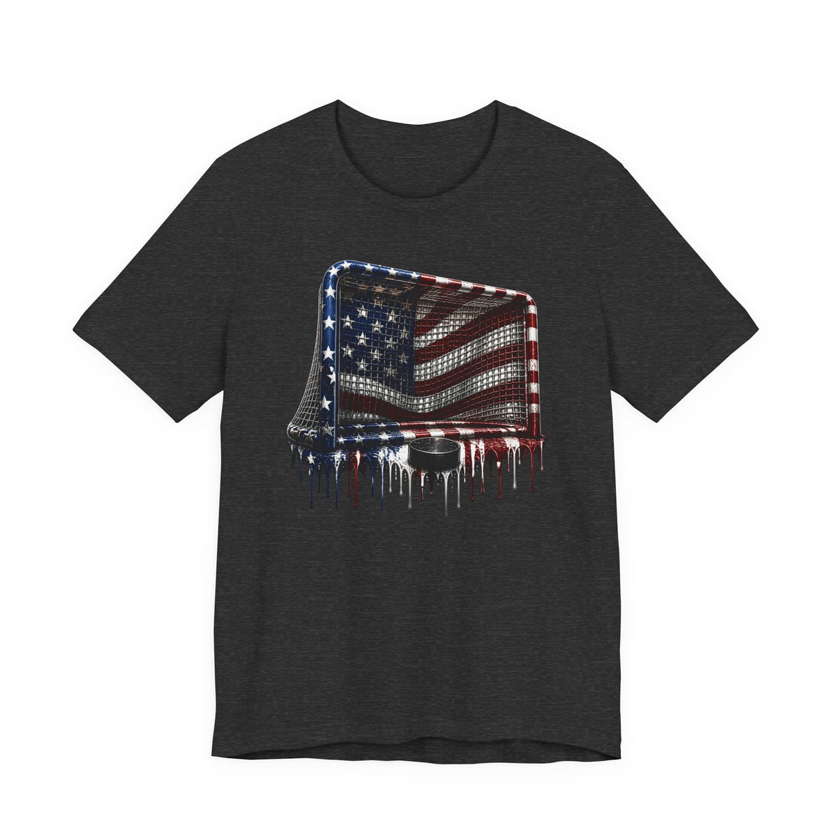 American Flag Hockey T-Shirt, Patriotic Paint Drip Hockey Goal Tee, USA Hockey Shirt for Men and Women, 4th of July Hockey Gift