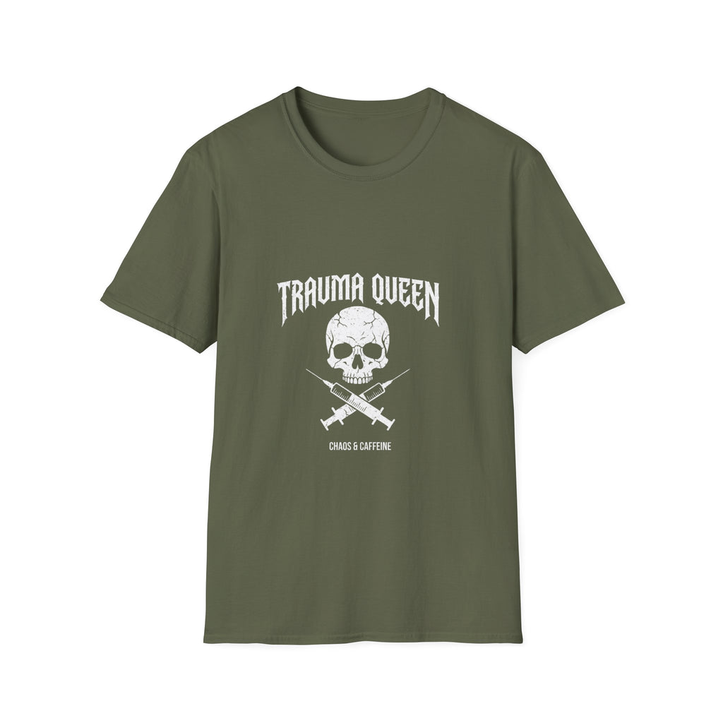 Trauma Queen T-Shirt - Funny ER Nurse Emergency Room RN Gift - Edgy Rock Style Nursing Tee - Skull Crossbones