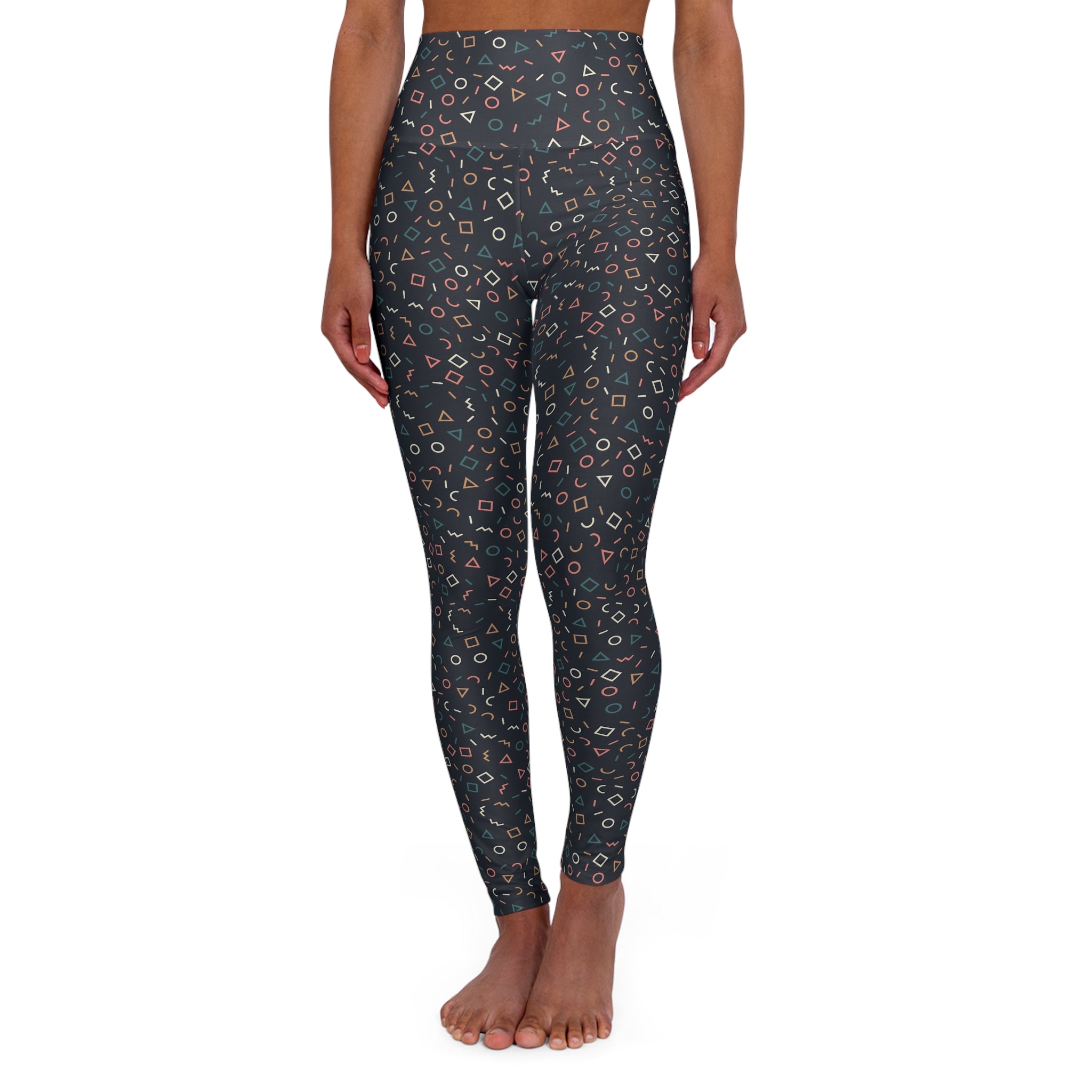 Retro Geometric Confetti High Waisted Leggings – Abstract Shapes Print