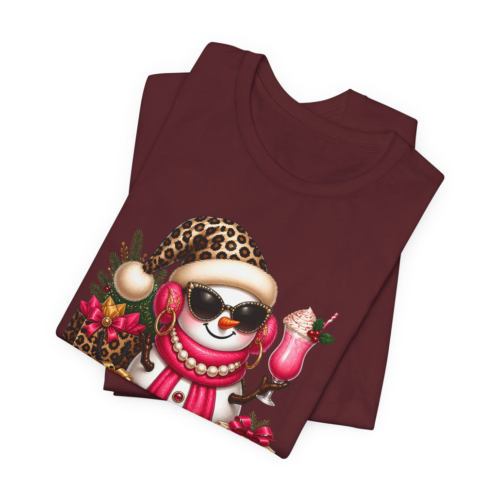 Glam Snowman Christmas T-Shirt, Leopard Print Santa Hat Snowman Tee with Pink Scarf & Sunglasses, Cute Trendy Holiday Shirt for Women