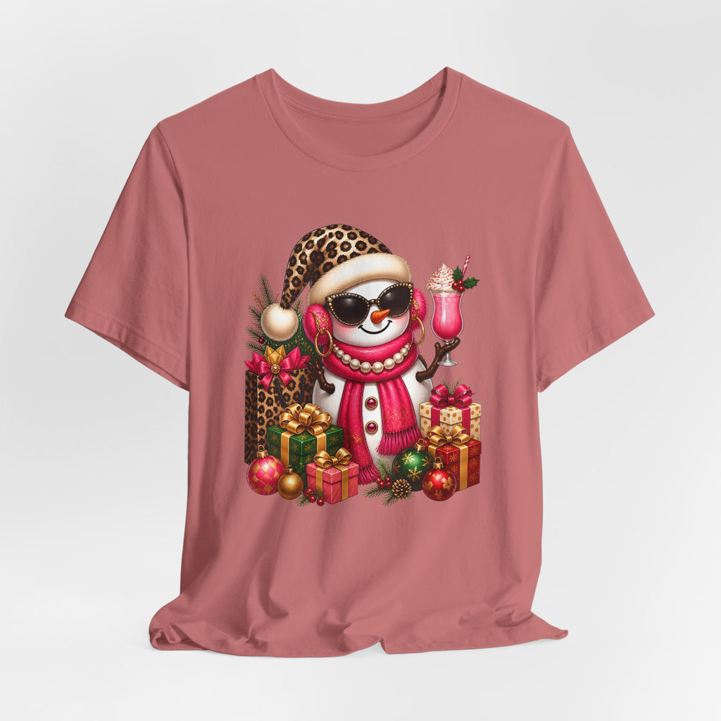 Glam Snowman Christmas T-Shirt, Leopard Print Santa Hat Snowman Tee with Pink Scarf & Sunglasses, Cute Trendy Holiday Shirt for Women