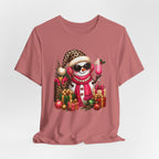 Glam Snowman Christmas T-Shirt, Leopard Print Santa Hat Snowman Tee with Pink Scarf & Sunglasses, Cute Trendy Holiday Shirt for Women