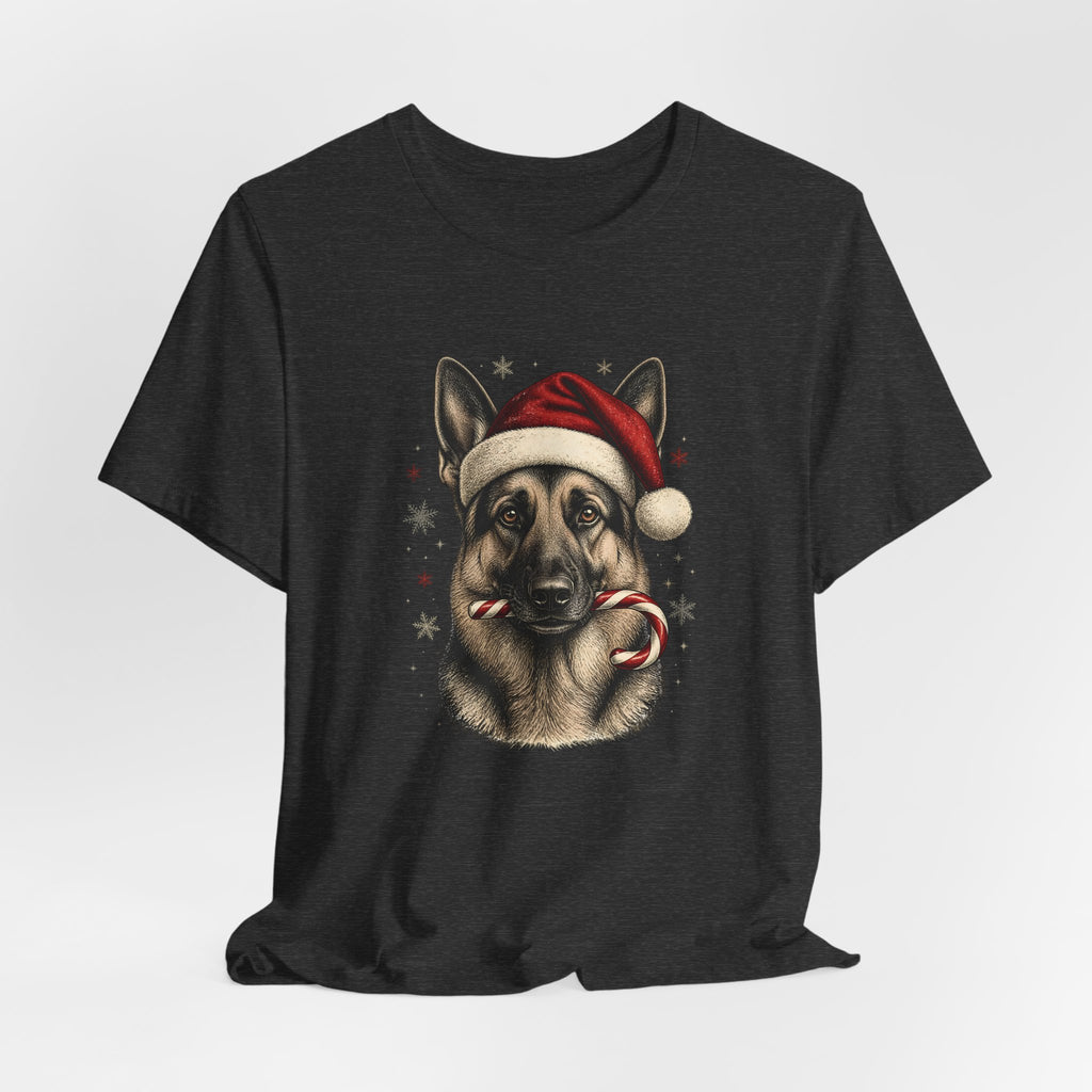 German Shepherd Christmas T-Shirt, Vintage Santa Hat Dog with Candy Cane Tee, Engraved Style German Shepherd Holiday Gift Shirt