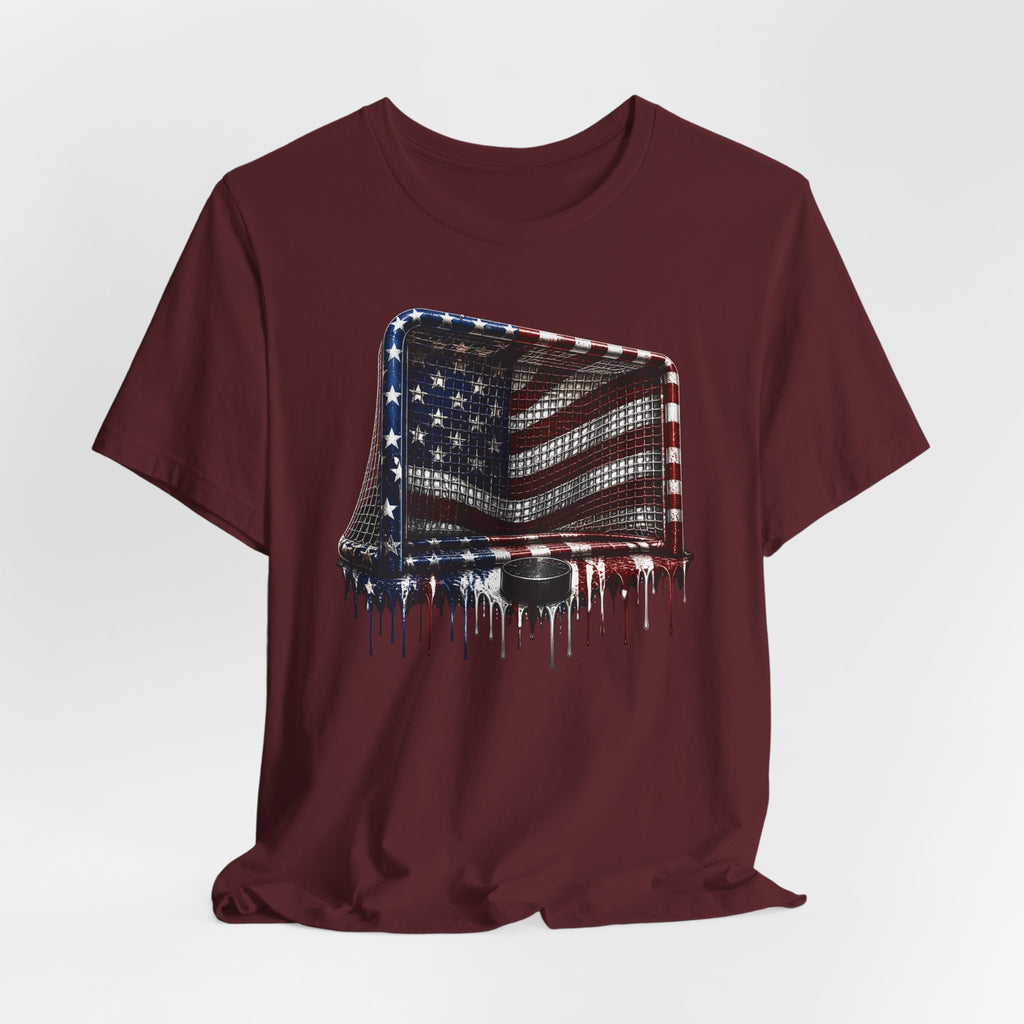 American Flag Hockey T-Shirt, Patriotic Paint Drip Hockey Goal Tee, USA Hockey Shirt for Men and Women, 4th of July Hockey Gift