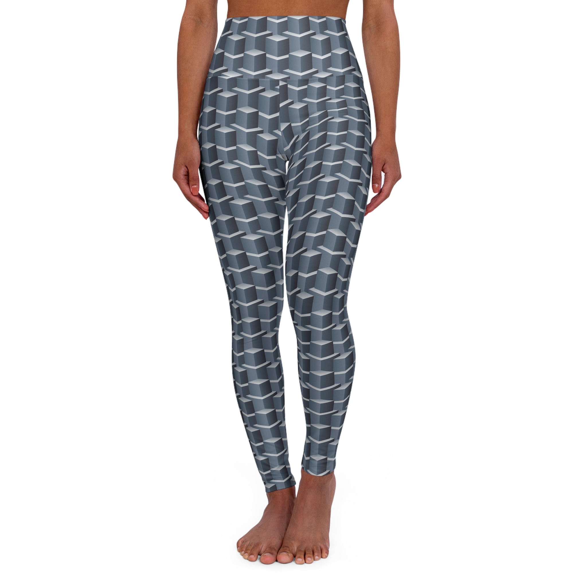 Building Blocks High Waisted Yoga Leggings – 3D Geometric Grey Cube Print