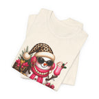 Glam Snowman Christmas T-Shirt, Leopard Print Santa Hat Snowman Tee with Pink Scarf & Sunglasses, Cute Trendy Holiday Shirt for Women