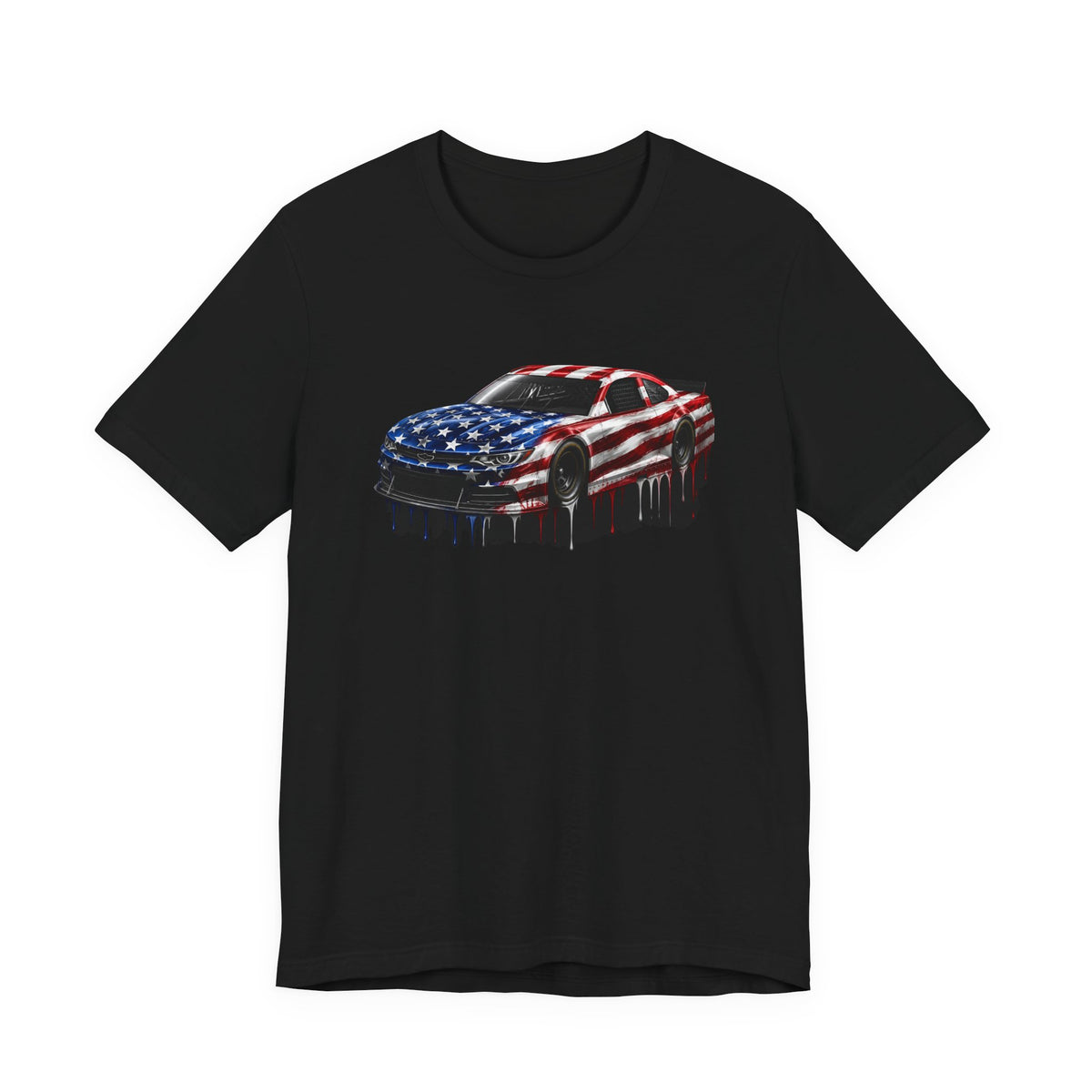 American Flag Race Car T-Shirt, Patriotic Paint Drip Racing Tee, USA Stock Car Shirt for Men and Women, 4th of July Racing Gift