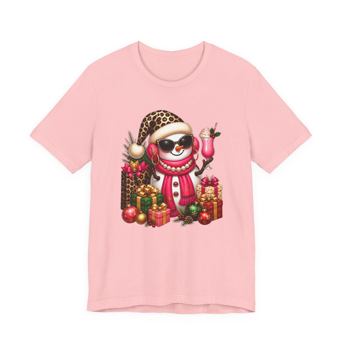 Glam Snowman Christmas T-Shirt, Leopard Print Santa Hat Snowman Tee with Pink Scarf & Sunglasses, Cute Trendy Holiday Shirt for Women