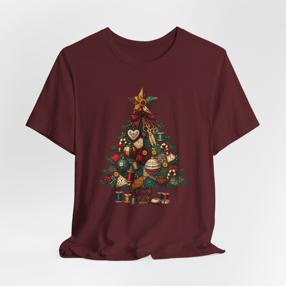 Patchwork Christmas Tree T-Shirt, Vintage Folk Art Quilted Holiday Tee for Quilters, Sewing Lovers & Crafters, Unisex Xmas Shirt