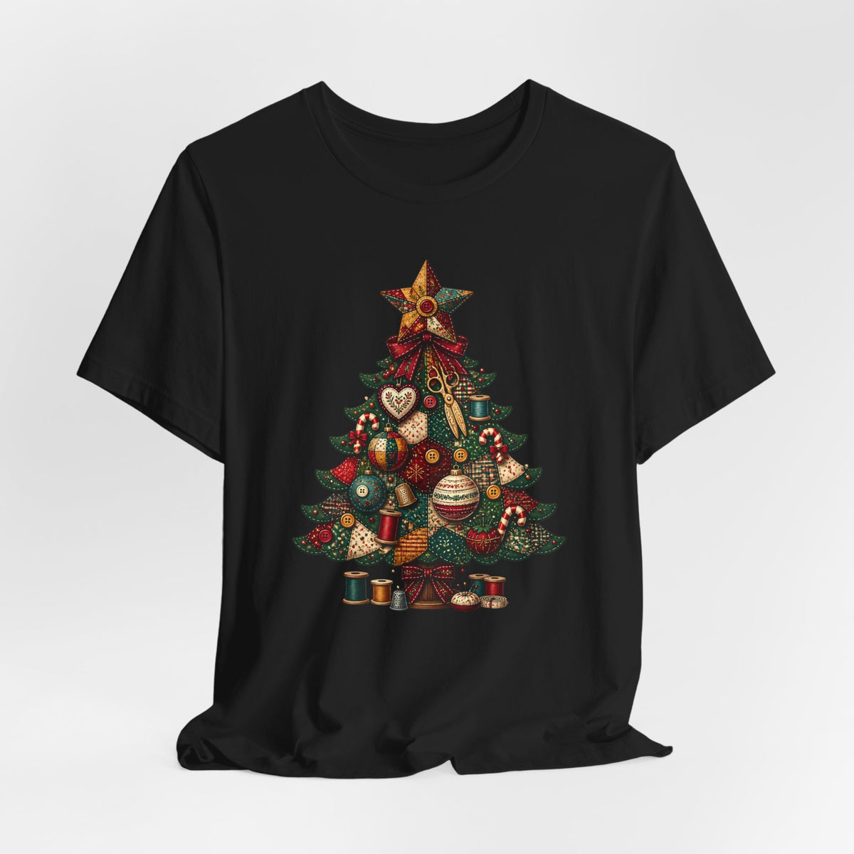 Patchwork Christmas Tree T-Shirt, Vintage Folk Art Quilted Holiday Tee for Quilters, Sewing Lovers & Crafters, Unisex Xmas Shirt