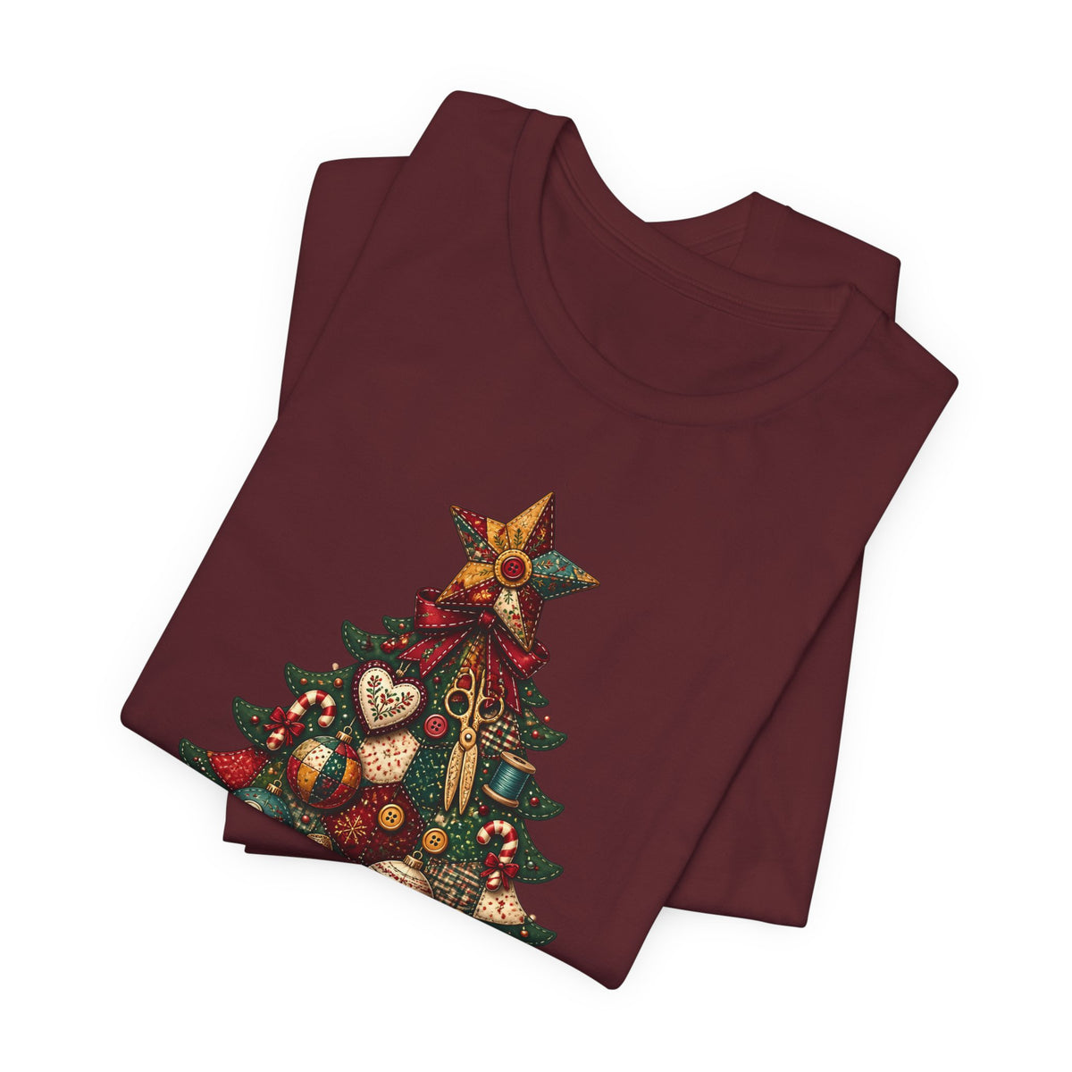 Patchwork Christmas Tree T-Shirt, Vintage Folk Art Quilted Holiday Tee for Quilters, Sewing Lovers & Crafters, Unisex Xmas Shirt